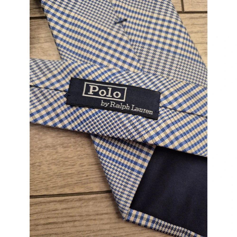 Polo Ralph Lauren Mens Blue White Glen Plaid Silk Necktie Hand Made in‎ Italy